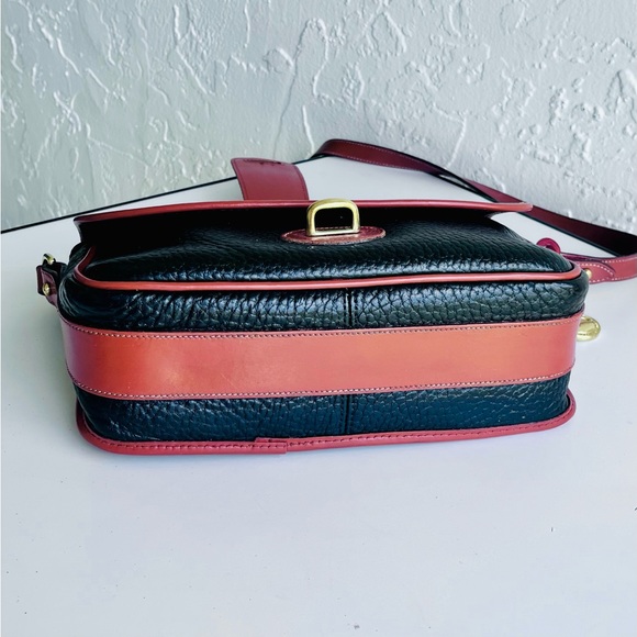 VINTAGE ALL WEATHER LEATHER LARGE EQUESTRIAN BAG BLACK TAN TRIM - Picture 4 of 13